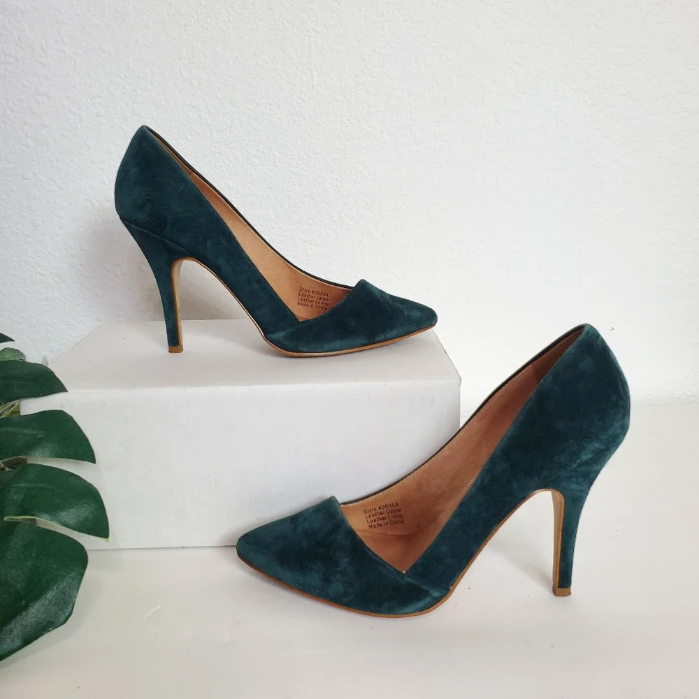 Madewell The Mira Suede Leather Pointed Toe Heel Pumps Shoes 6 1/2 Green Hunter - Picture 5 of 16